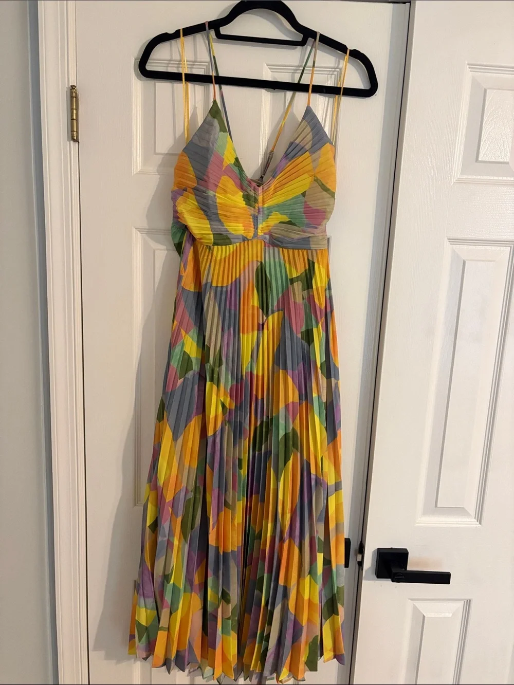 Astr Pleated Multicolor Midi Dress — Yellow, Green, Purple, Pink, Gray